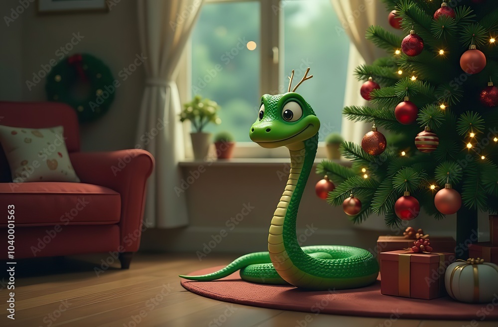 Fototapeta premium Cartoon green snake near a Christmas tree, which is adorned with ornaments and lights. The scene takes place indoors, possibly in a living room.