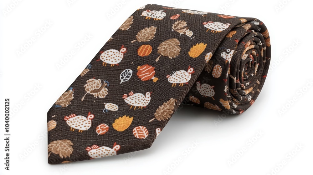 A tie adorned with a playful pattern of cartoon turkeys surrounded by pumpkins and autumn leaves in bright festive colors perfect for a fun fall celebration, very realistic A tie adorned with a playful pattern of cartoon turkeys surrounded by pumpkins and autumn leaves in bright festive colors perfect for a fun fall celebration, very realistic