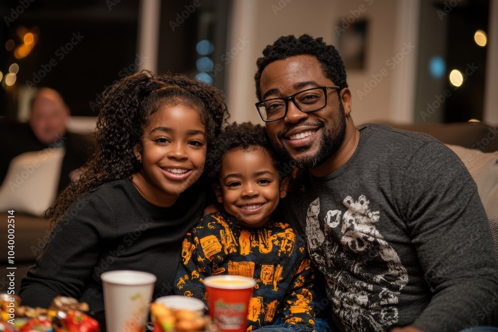 Obraz premium A happy family of three, including a father, daughter, and son, smile warmly while enjoying a cozy moment together indoors, surrounded by snacks and warmth.