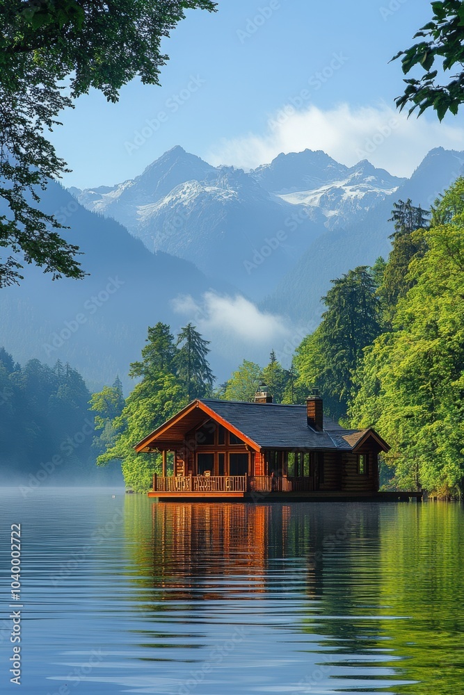 A serene wooden cabin rests by a calm mountain lake, surrounded by lush green trees and misty mountains. The reflection of the cabin in the water enhances the tranquil setting. A serene wooden cabin rests by a calm mountain lake, surrounded by lush green trees and misty mountains. The reflection of the cabin in the water enhances the tranquil setting.