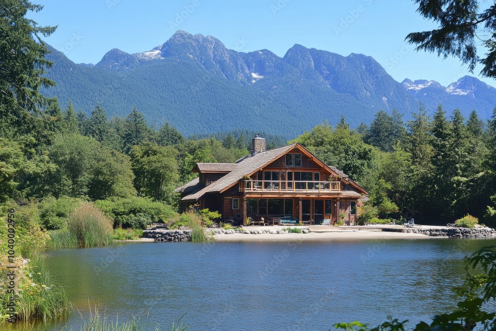 Fototapeta premium A serene wooden cabin nestled by a peaceful lake, surrounded by lush forest and distant mountains. The perfect retreat for nature lovers seeking tranquility.