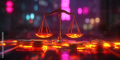 Golden scales of justice sitting on a pile of coins against a blurred neon cityscape background. photo