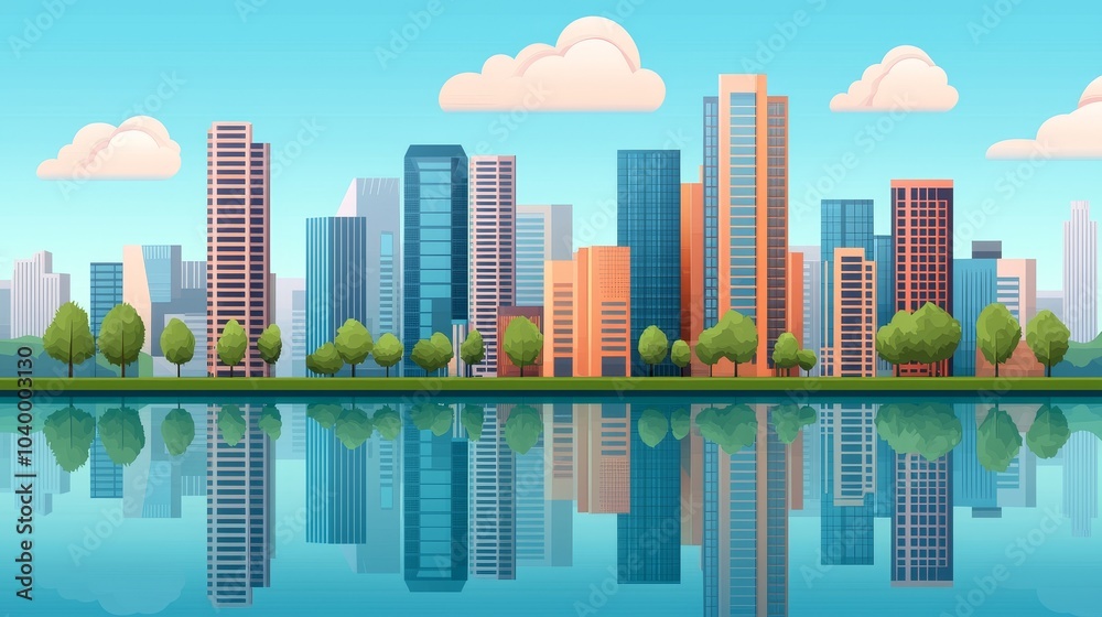 Obraz premium A vibrant city skyline reflected in water, featuring modern skyscrapers, lush trees, and a clear blue sky with fluffy clouds.