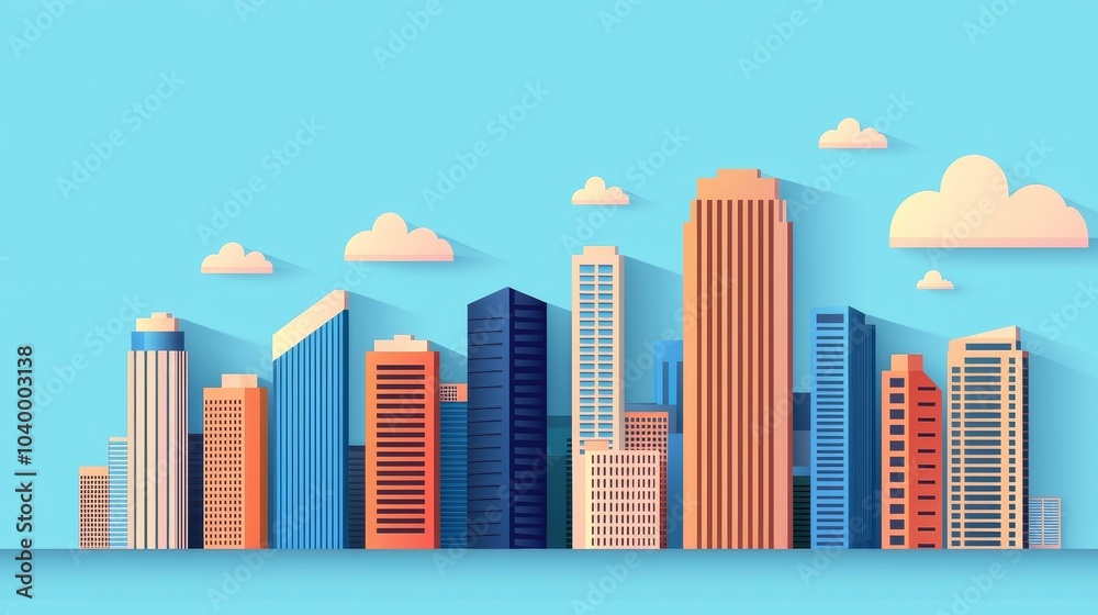 A vibrant city skyline with colorful skyscrapers under a clear blue sky, complemented by white fluffy clouds. A vibrant city skyline with colorful skyscrapers under a clear blue sky, complemented by white fluffy clouds.