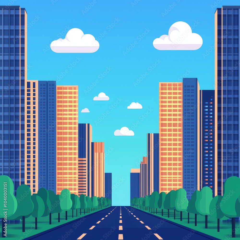 Fototapeta premium A vibrant cityscape featuring tall buildings lining a wide road under a clear blue sky with fluffy clouds.
