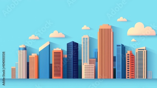 A vibrant city skyline with colorful skyscrapers under a clear blue sky, complemented by white fluffy clouds.