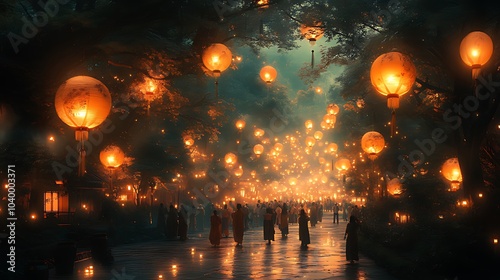 A mystical path illuminated by glowing lanterns, leading through a forest at night.