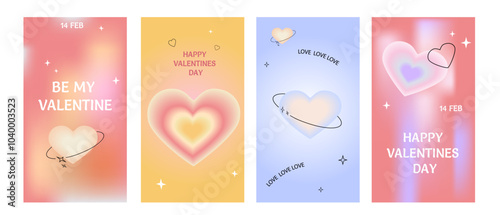 Valentine Day Design with y2k Shapes, blurred Hearts. Set of trendy modern aesthetic posters or covers on gradient backgrounds.