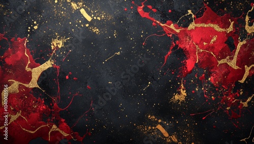 A black and red background with gold and red splatters