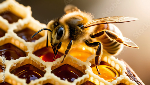 close up of honey bee on a honeycomb photo