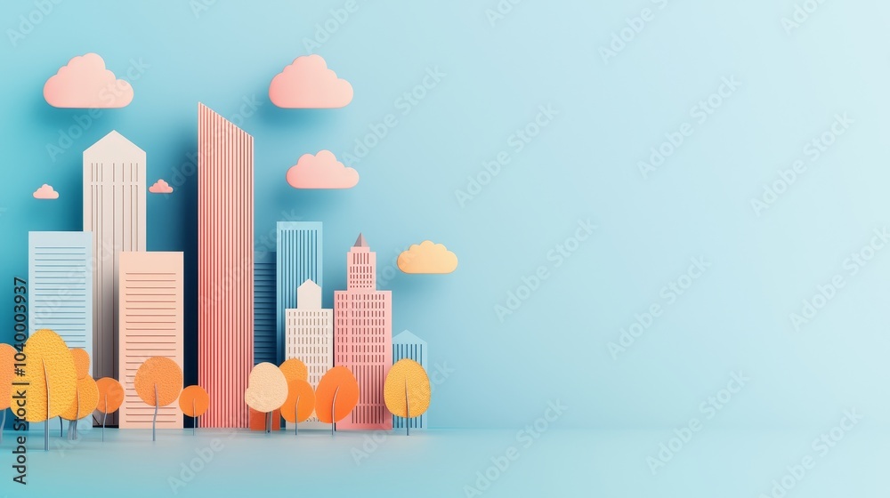 A vibrant, stylized paper cityscape with colorful buildings, trees, and clouds against a soft blue background. A vibrant, stylized paper cityscape with colorful buildings, trees, and clouds against a soft blue background.