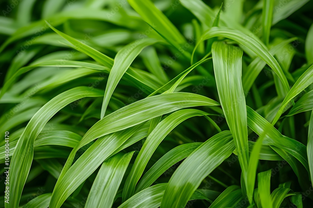 A close-up view of vibrant green grass-like leaves showcasing their texture and color. A close-up view of vibrant green grass-like leaves showcasing their texture and color.