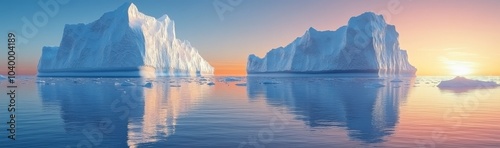 An Arctic winter landscape with ice-covered lake or sea, snow flying in frosty air, piles of floe on hills, dull blue sky, and the north pole in the background.