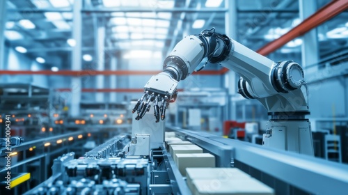 A robot assisting in high-speed packaging operations in a modern manufacturing plant with clean production lines and organized workstations, Packaging tech style, photo of