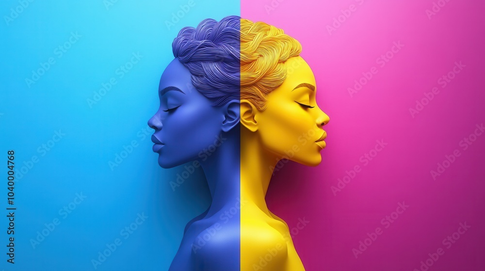 This striking artwork features a female bust divided into two halves, one in vivid blue and the other in bright yellow. The smooth textures and contrasting colors create a visually captivating piece t This striking artwork features a female bust divided into two halves, one in vivid blue and the other in bright yellow. The smooth textures and contrasting colors create a visually captivating piece t