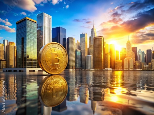 Golden USDC Coin in Urban Setting - Cryptocurrency 3D Illustration for Financial Innovation photo