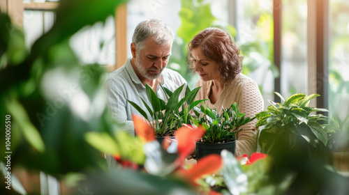 Couple caring houseplants at home. Caucasian mature man and woman with green plants