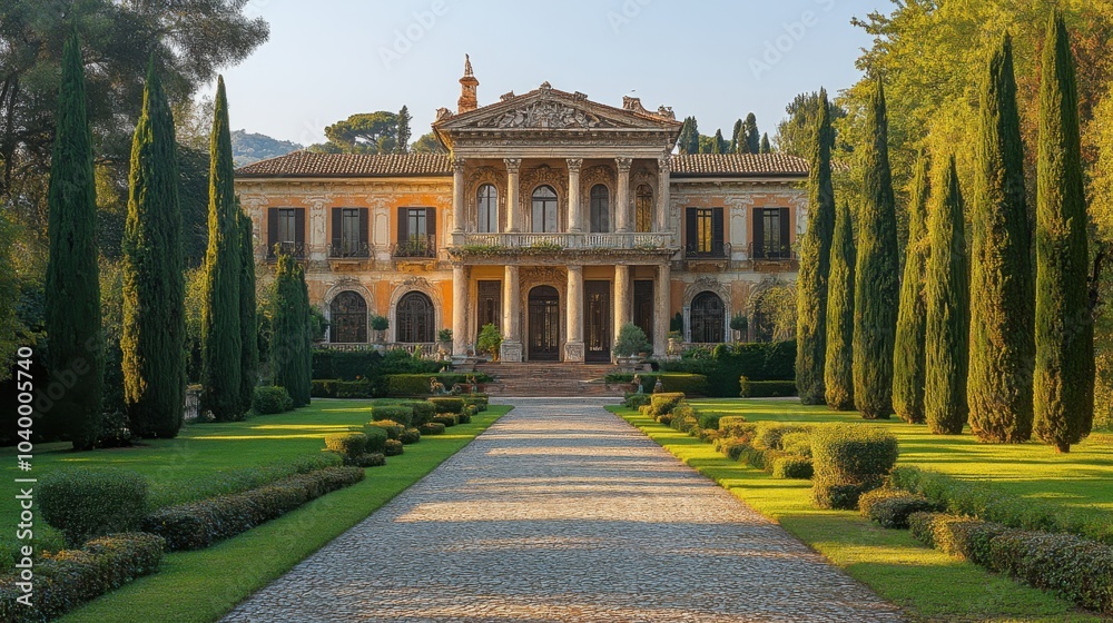 Obraz premium Elegant mansion with manicured gardens and a gravel pathway.