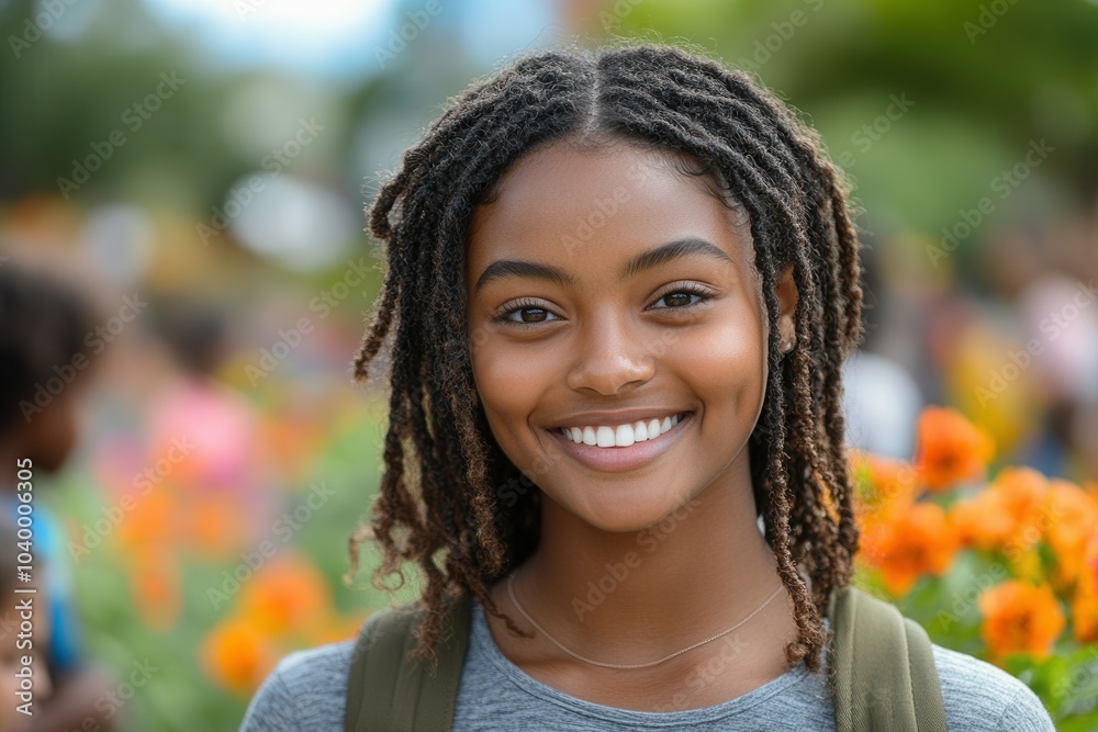 A young woman with beautiful dreadlocks stands confidently in a colorful flower garden. She exudes joy with her bright smile, surrounded by blooming flowers and a cheerful atmosphere. A young woman with beautiful dreadlocks stands confidently in a colorful flower garden. She exudes joy with her bright smile, surrounded by blooming flowers and a cheerful atmosphere.