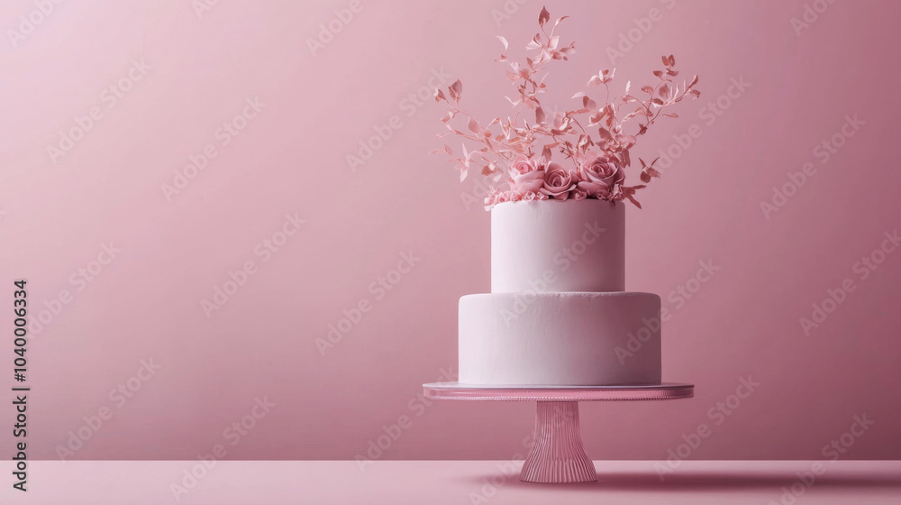 Obraz premium Wedding White tiered cake with pink blossom on pastel background, copy space