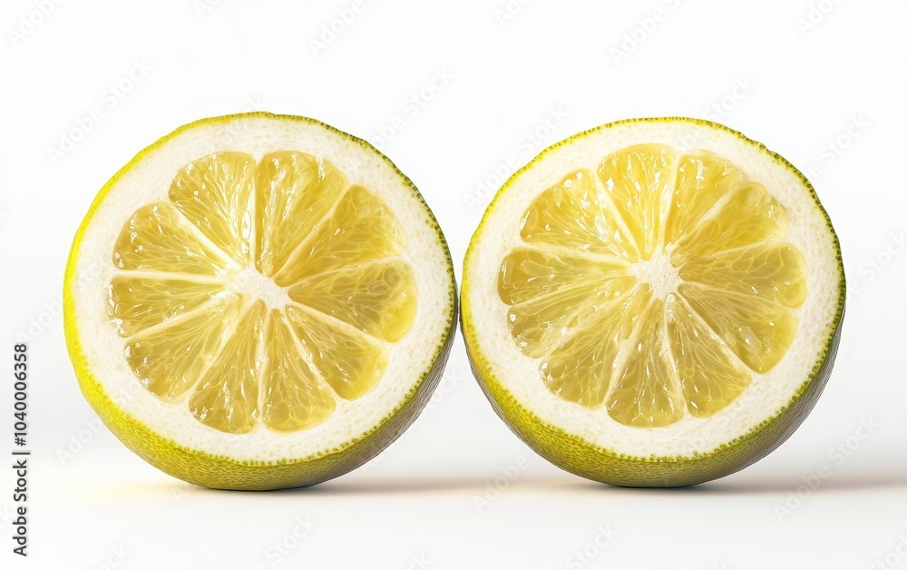 Two halves of a lemon showcasing its juicy interior against a clean background. Two halves of a lemon showcasing its juicy interior against a clean background.