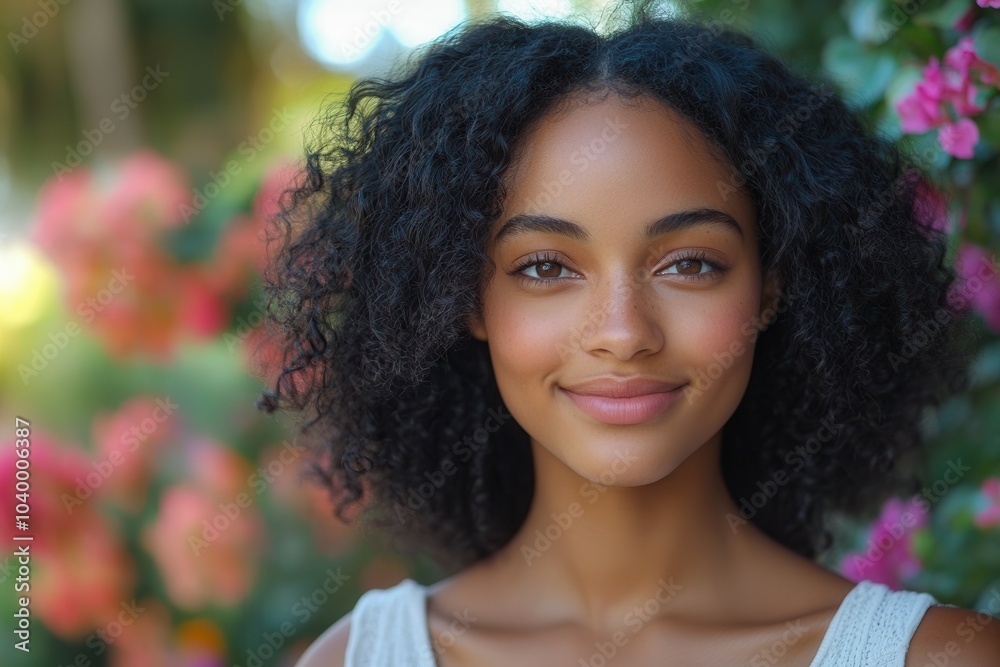 A young woman with curly hair stands in front of colorful flowers, radiating warmth and joy. The sunlight enhances her smile, creating a lively atmosphere in the garden filled with blooming blossoms. A young woman with curly hair stands in front of colorful flowers, radiating warmth and joy. The sunlight enhances her smile, creating a lively atmosphere in the garden filled with blooming blossoms.