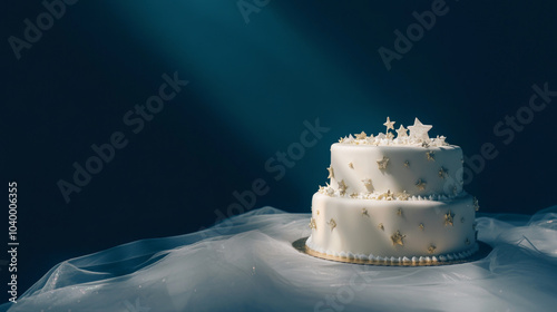 Three-tier white wedding cake with celestical decorations on dark blue solid background, copy space photo