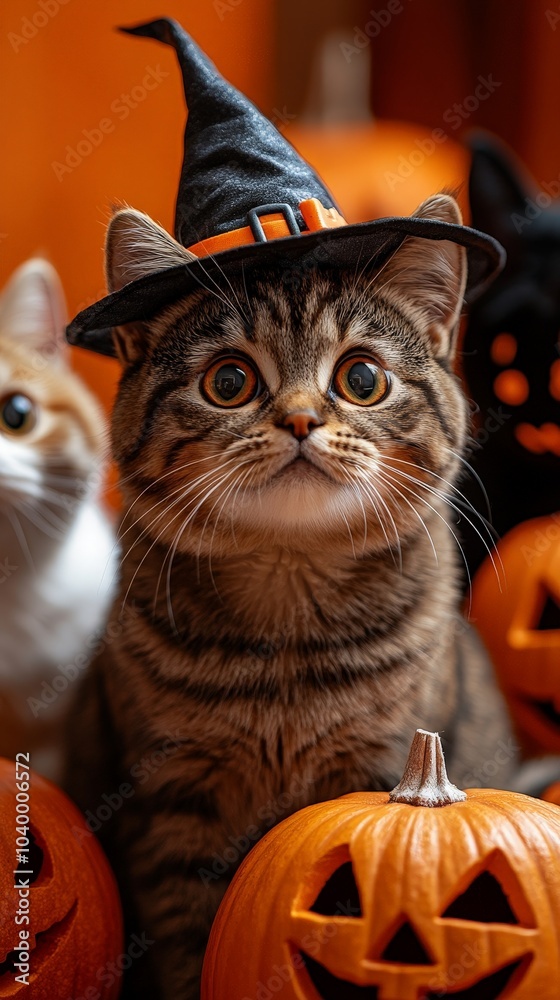 Cute Halloween kittens with pumpkins in festive autumn setting Cute Halloween kittens with pumpkins in festive autumn setting