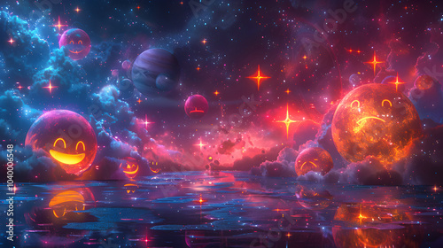 Whimsical cosmic landscape with smiling planets