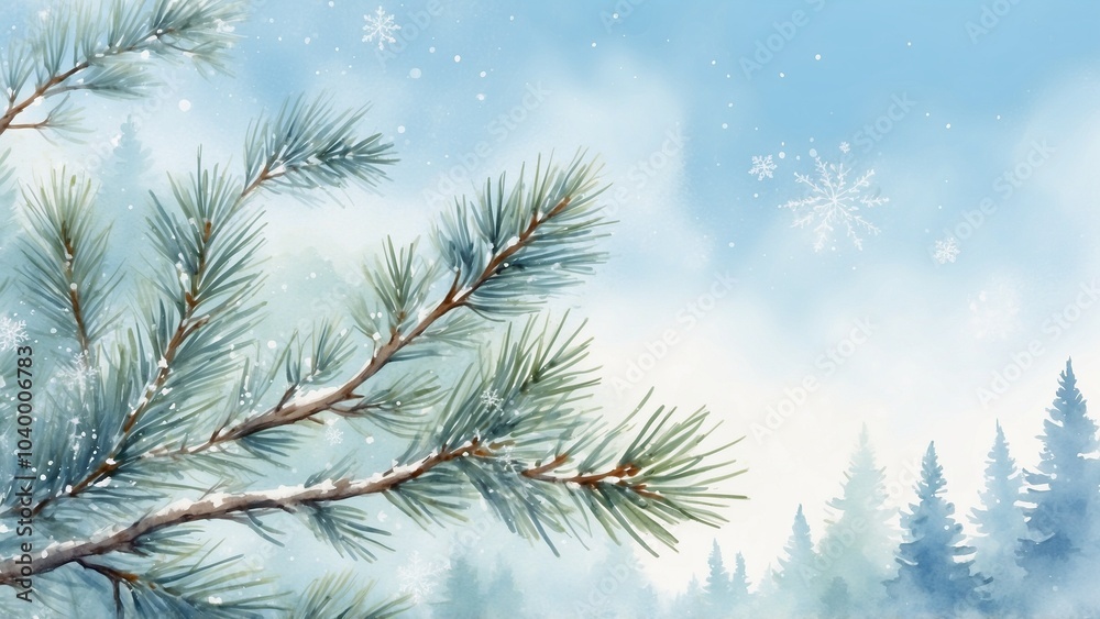 Winter Pine Branch with Snow and Snowflakes Winter Pine Branch with Snow and Snowflakes