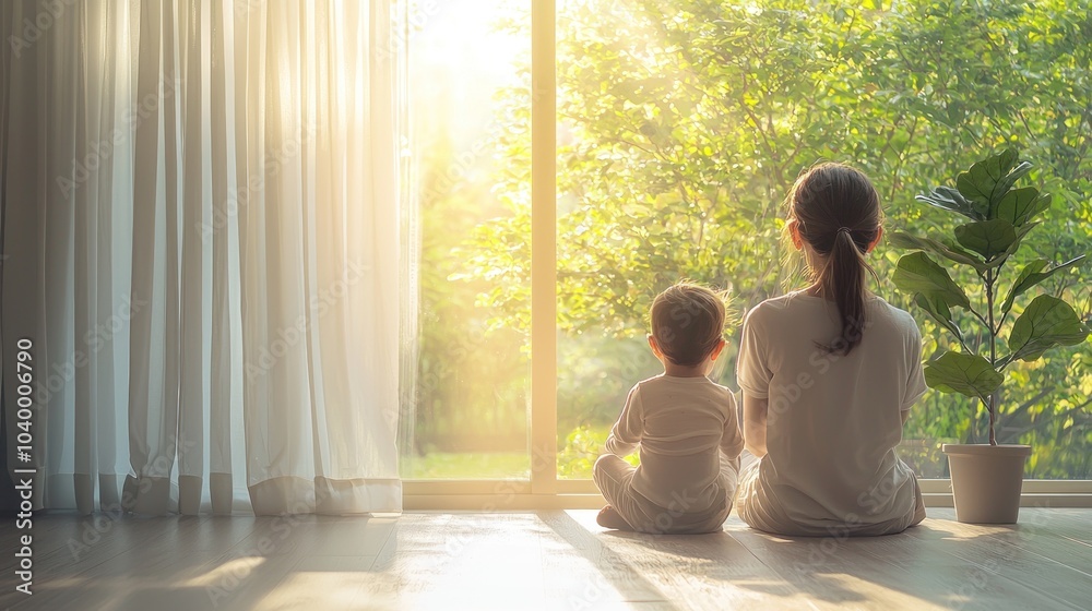 Serene Mother and Child in Minimal Room with Sunlight, Ample Copy Space Serene Mother and Child in Minimal Room with Sunlight, Ample Copy Space