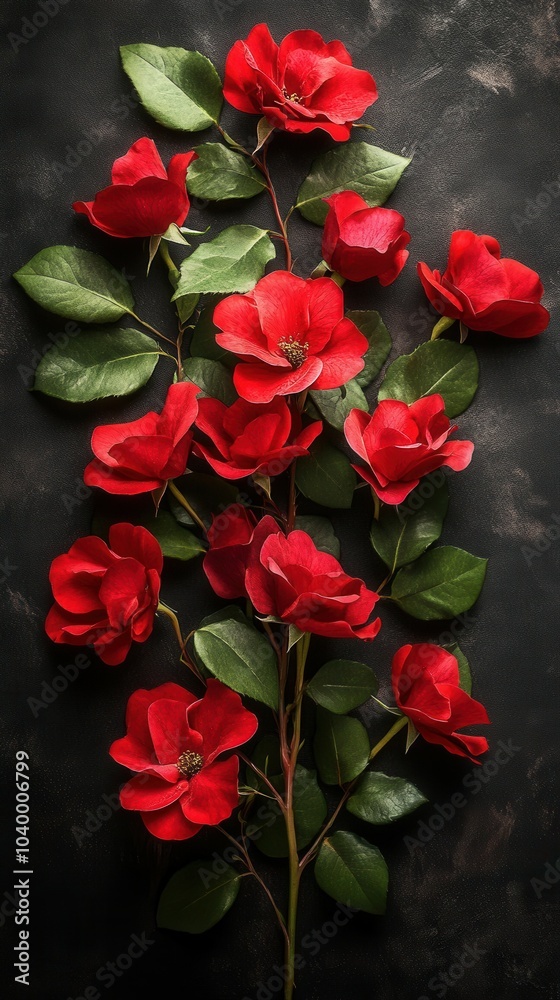 A striking display features vibrant red flowers intertwined with lush green leaves, all presented against a dark textured background. A striking display features vibrant red flowers intertwined with lush green leaves, all presented against a dark textured background.