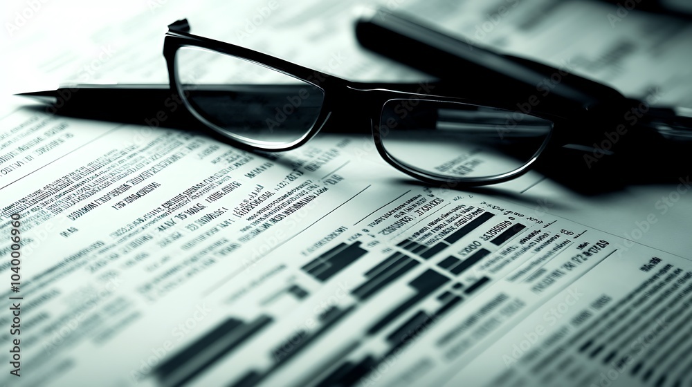 Closeup of Glasses and Pen on Financial Documents Closeup of Glasses and Pen on Financial Documents