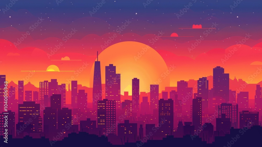 Fototapeta premium Sunset cityscape illustration. Vibrant illustration depicting a city skyline at sunset, showcasing the beauty of urban life against a fiery sky.