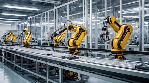 A high-tech manufacturing assembly line with robotic arms precisely assembling electronic components on a conveyor belt, in a clean and modern factory setting. Ai Generated