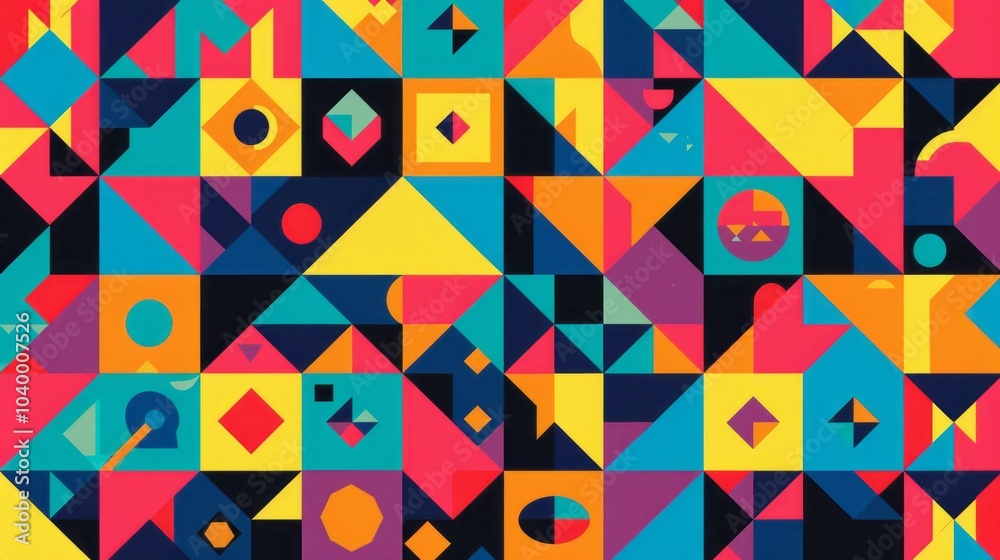 Colorful geometric pattern. Abstract background with vibrant geometric shapes, creating a dynamic and modern visual. The interplay of colors and forms evokes a sense of energy and movement. Colorful geometric pattern. Abstract background with vibrant geometric shapes, creating a dynamic and modern visual. The interplay of colors and forms evokes a sense of energy and movement.