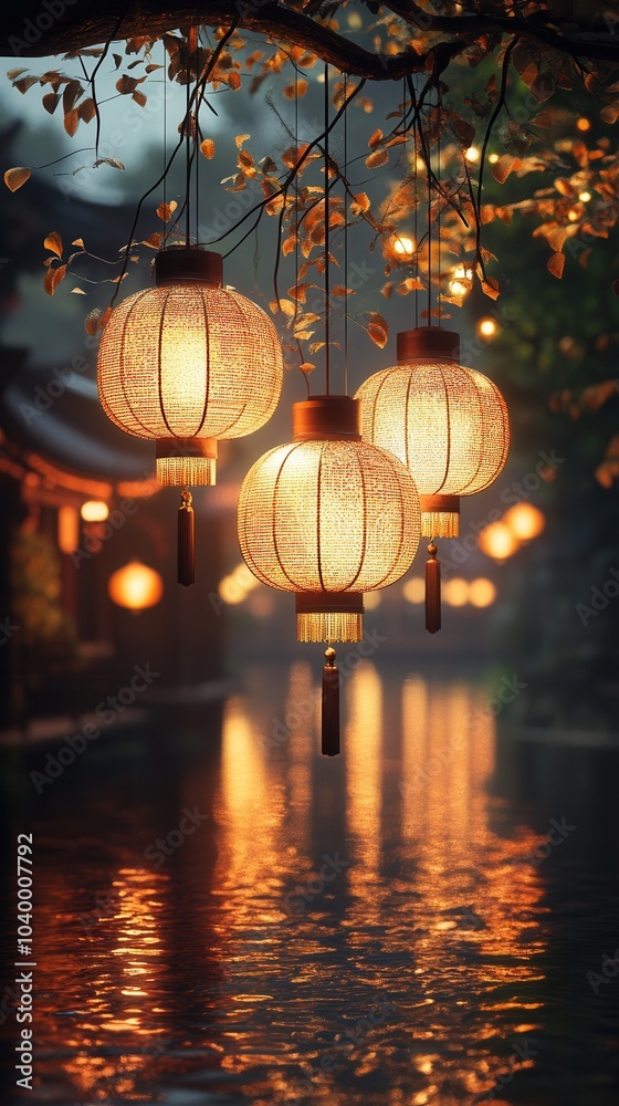 The serene scene features three lanterns casting golden reflections on the water, amid tranquil surroundings, symbolizing peace, simplicity, and the beauty of calm reflection. The serene scene features three lanterns casting golden reflections on the water, amid tranquil surroundings, symbolizing peace, simplicity, and the beauty of calm reflection.