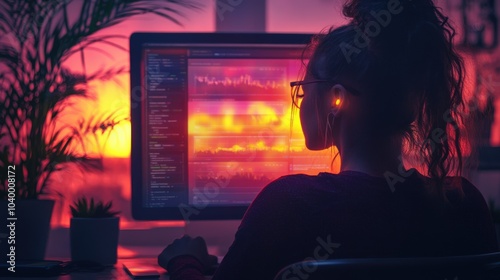 Person working on a computer with a sunset backdrop.
