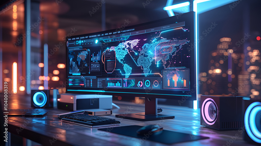 Fototapeta premium Internet and telecommunication concept with world map on server room background ,A virtual map of the globe with communication centers