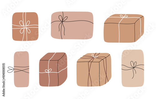 Set of gift boxes and presents with craft paper. Hand drawn flat illustration
