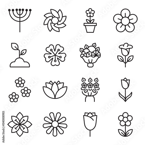 Flower line icon set. Rose, tulip in vase, fruit bouquet, spring blossom, cactus minimal vector illustration Simple outline signs for flowers delivery application