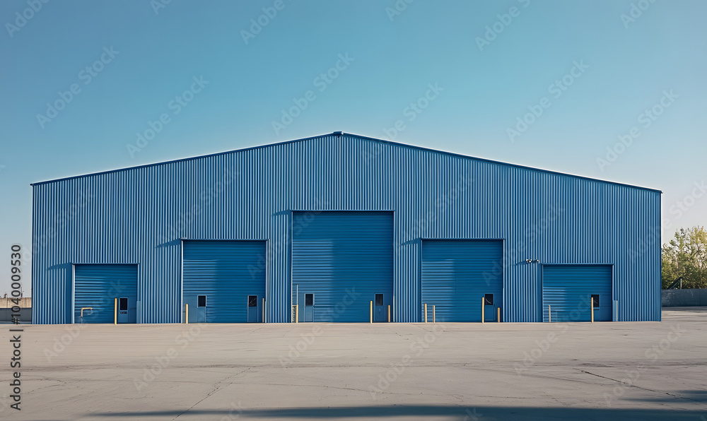 A large blue metal building with multiple doors stands on a paved lot against a clear blue sky A large blue metal building with multiple doors stands on a paved lot against a clear blue sky