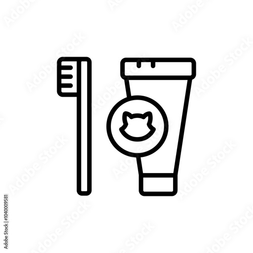 Dental hygiene for pets outline icon. Toothbrush and toothpaste for cats. Teeth cleaning. Vector isolated on white