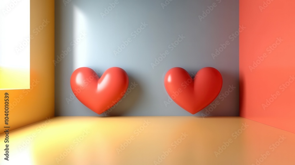 Red heart-shaped decorations are placed on a softly lit colorful wall inside a cozy room. The vibrant hues create a warm atmosphere, perfect for expressing love and affection in a personal space. Red heart-shaped decorations are placed on a softly lit colorful wall inside a cozy room. The vibrant hues create a warm atmosphere, perfect for expressing love and affection in a personal space.