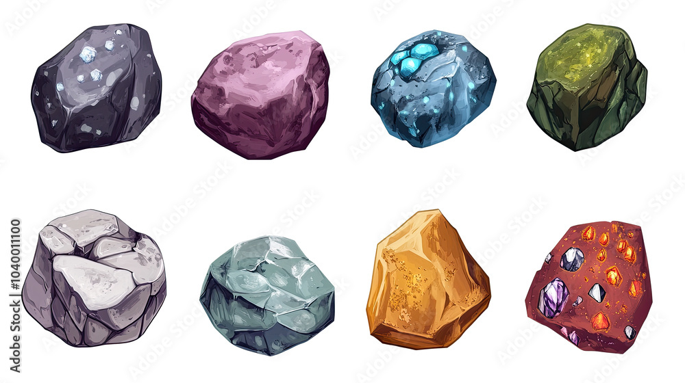 Set of stones, cartoon game assets, props, transparent background Set of stones, cartoon game assets, props, transparent background