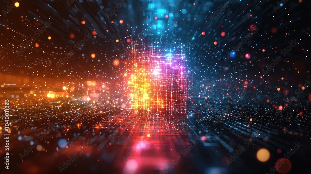 Abstract background with glowing particles and lines in red, blue, and orange colors. Abstract background with glowing particles and lines in red, blue, and orange colors.