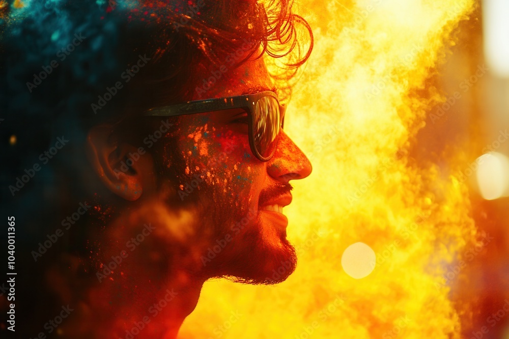 A close-up profile shot of a man wearing sunglasses, immersed in a burst of vibrant colors, encapsulates the excitement and expressiveness of the festive atmosphere around him. A close-up profile shot of a man wearing sunglasses, immersed in a burst of vibrant colors, encapsulates the excitement and expressiveness of the festive atmosphere around him.