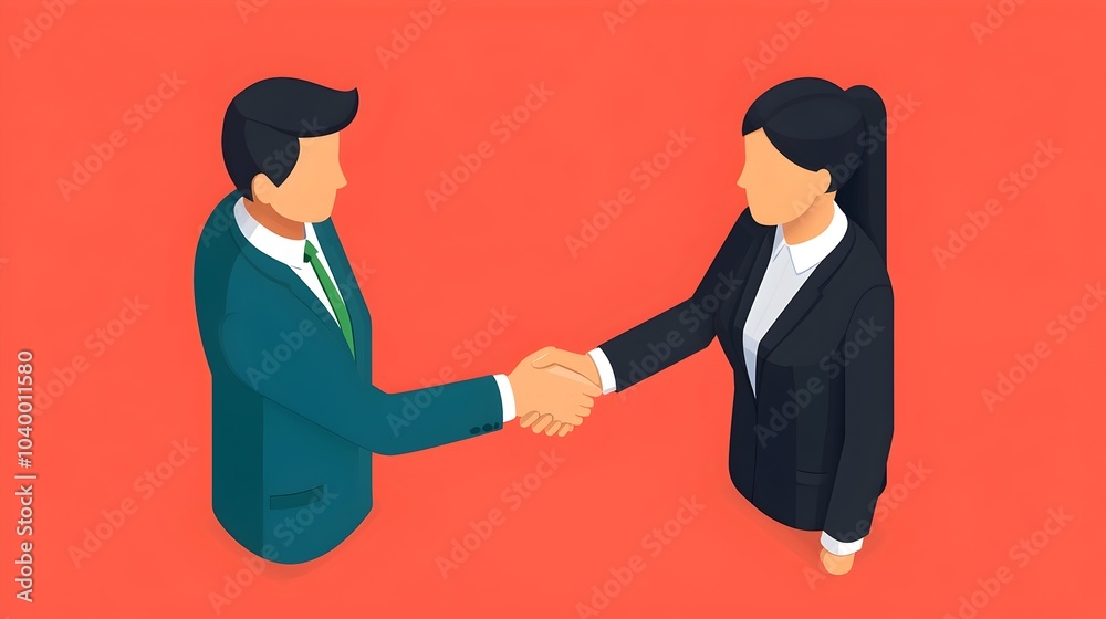 Isometric scene depicting a digital business agreement and online partnership symbolized by two professionals shaking hands in a modern office workspace setting Isometric scene depicting a digital business agreement and online partnership symbolized by two professionals shaking hands in a modern office workspace setting