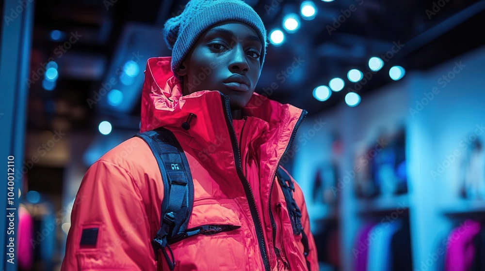 Neon Nomad: Urban Explorer Clad in Vibrant Hues Navigates the Twilight Realm of City Streets, Embodying the Fusion of Fashion, Function, and Futuristic Flair