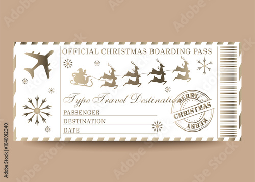 An airplane ticket. Boarding pass template. Christmas ticket with airplane and reindeer. Printable vector image	